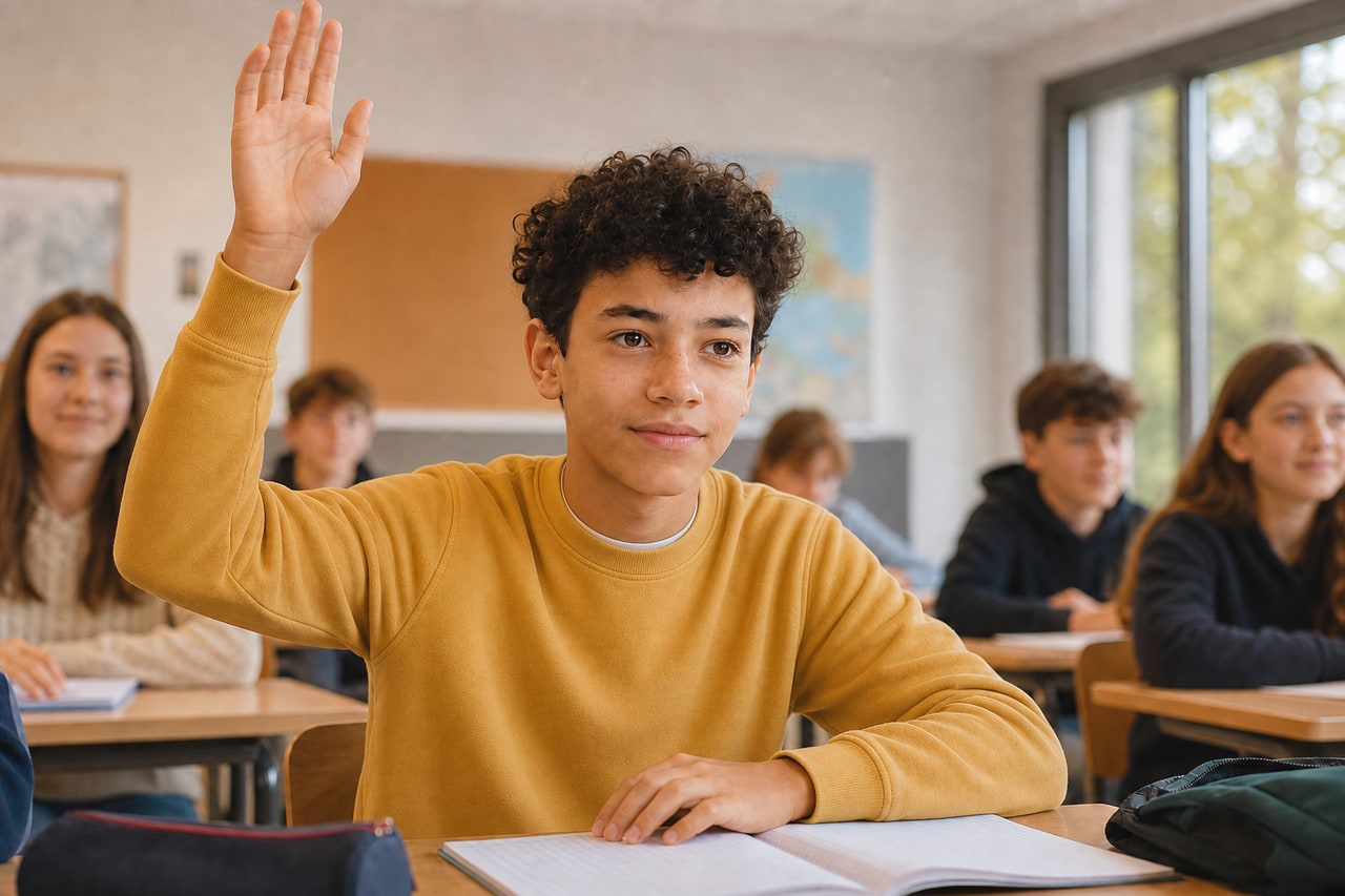 Le même adolescent lève la main en classe avec confiance