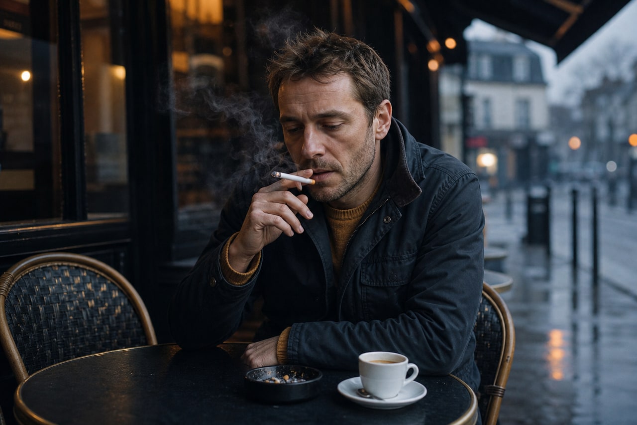 Un homme fume seul devant un café, le visage fatigué