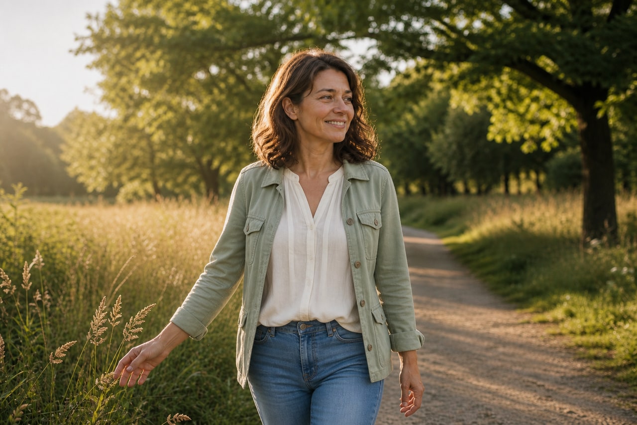 La même femme marche souriante et apaisée dans un parc lumineux