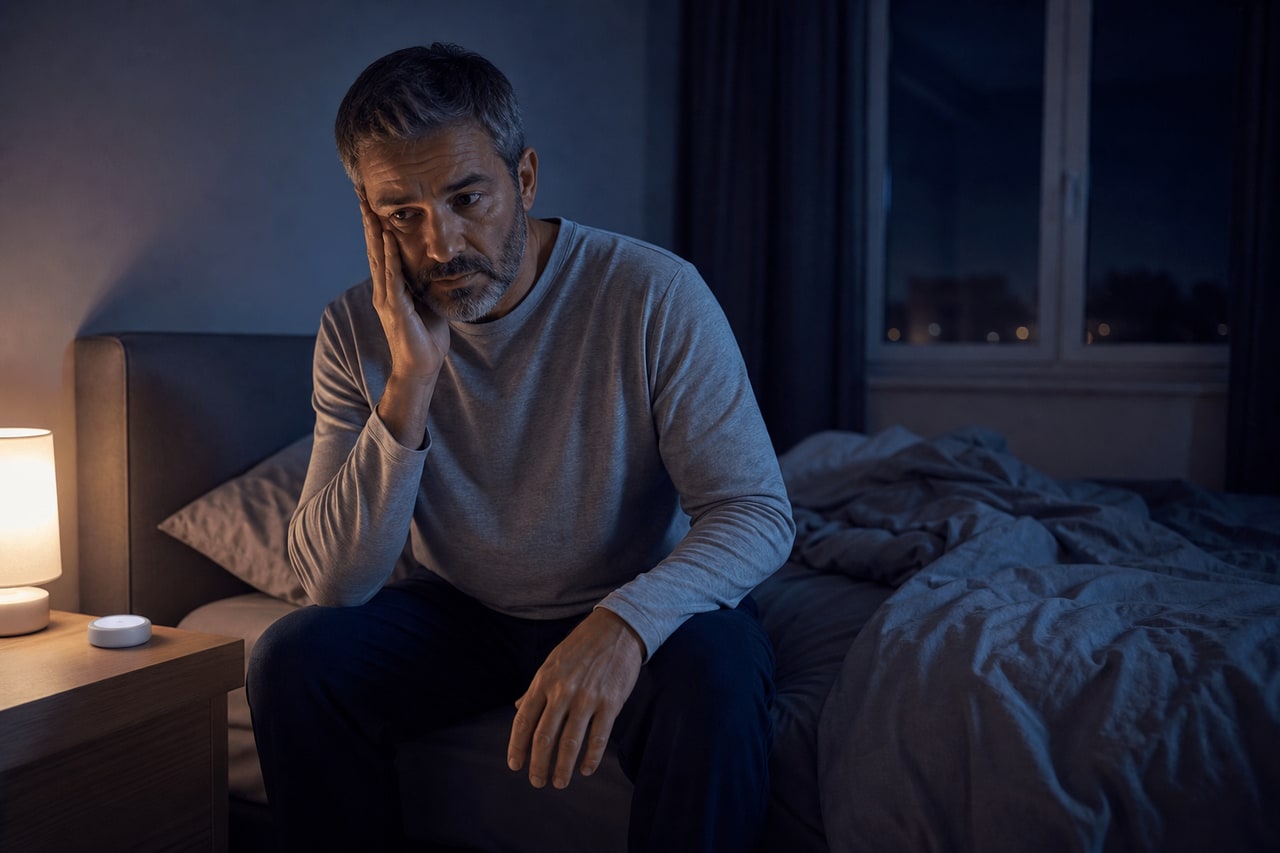 Un homme épuisé par l’insomnie, assis au bord de son lit en pleine nuit