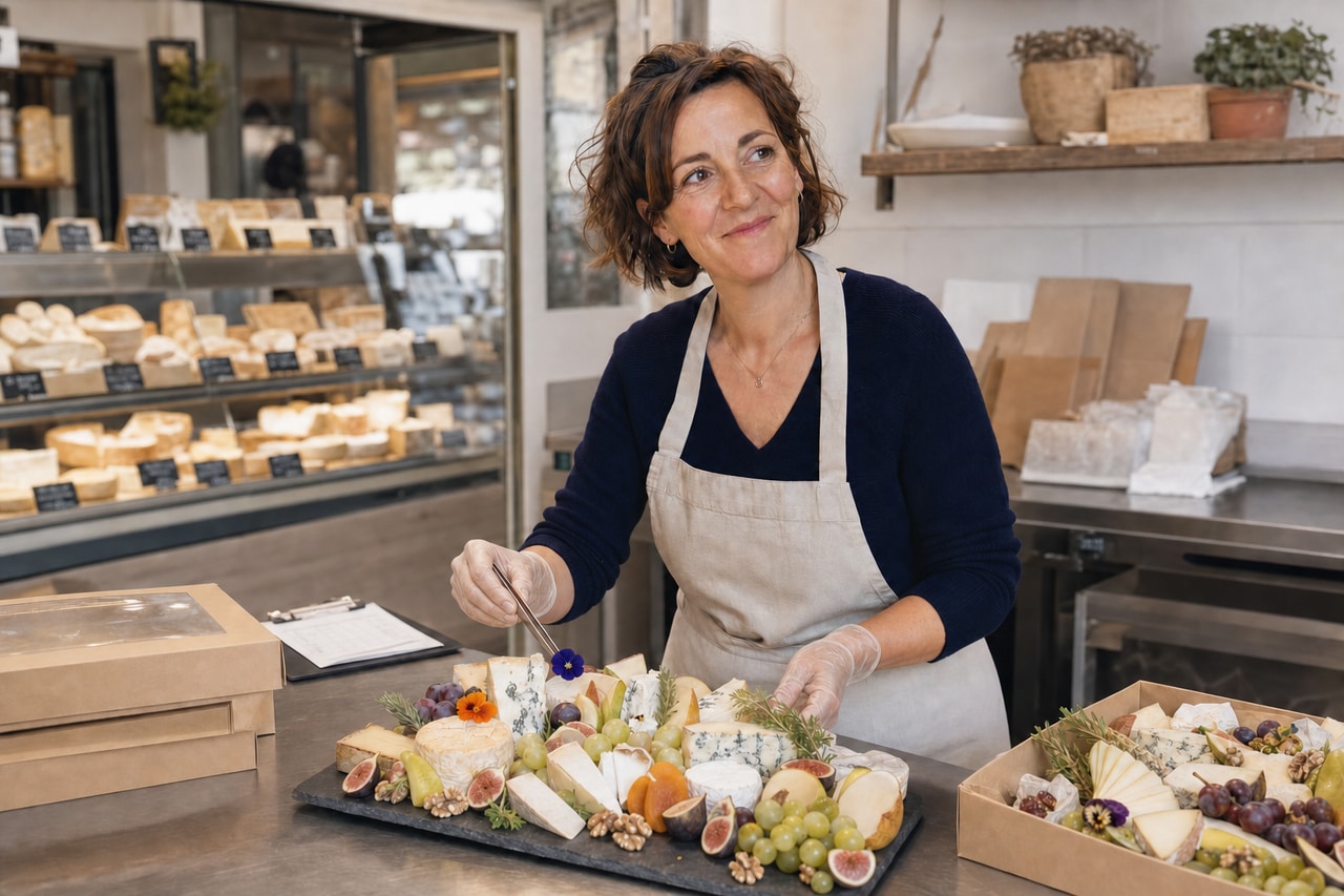 Claire compose un plateau de fromages artisanal dans l’atelier de sa boutique.