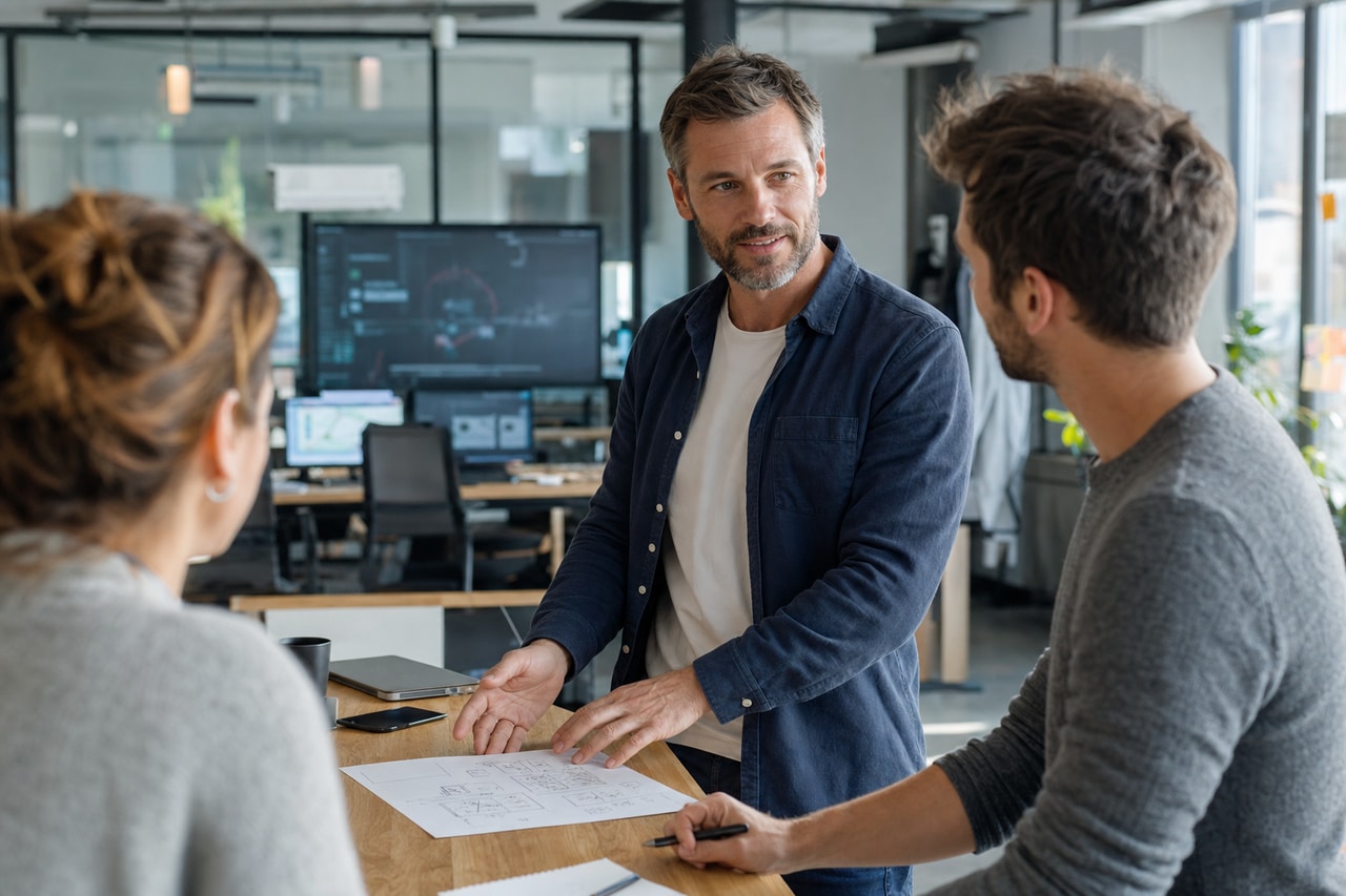 Thomas échange avec son équipe autour d’un projet dans son entreprise technologique.
