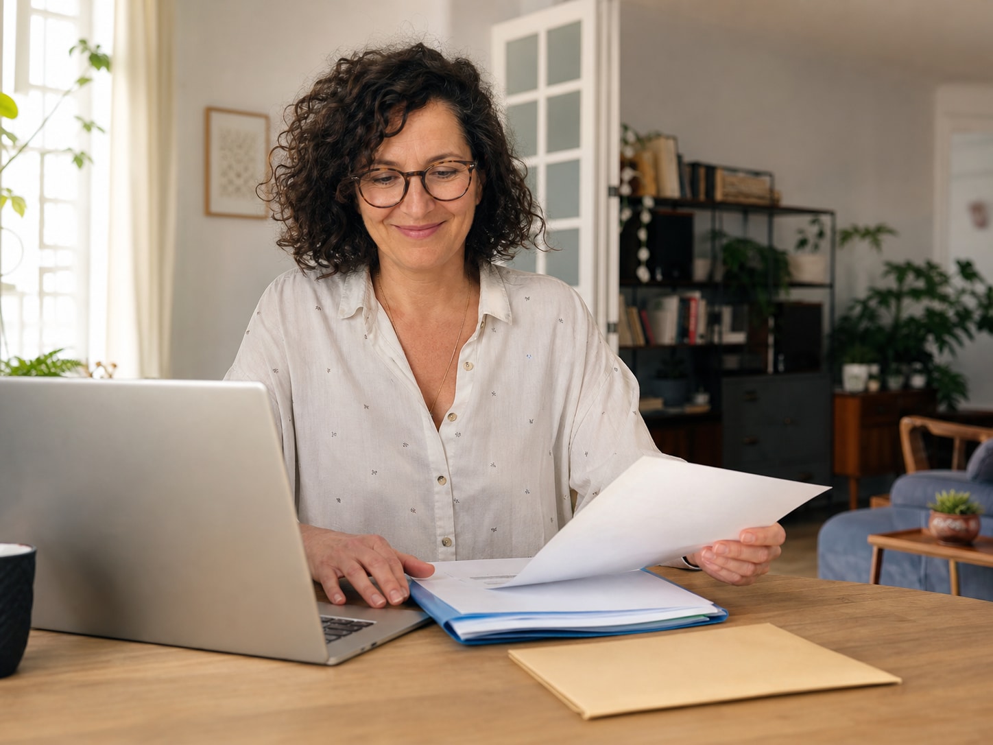 Une femme soulagée devant son dossier administratif désormais organisé.