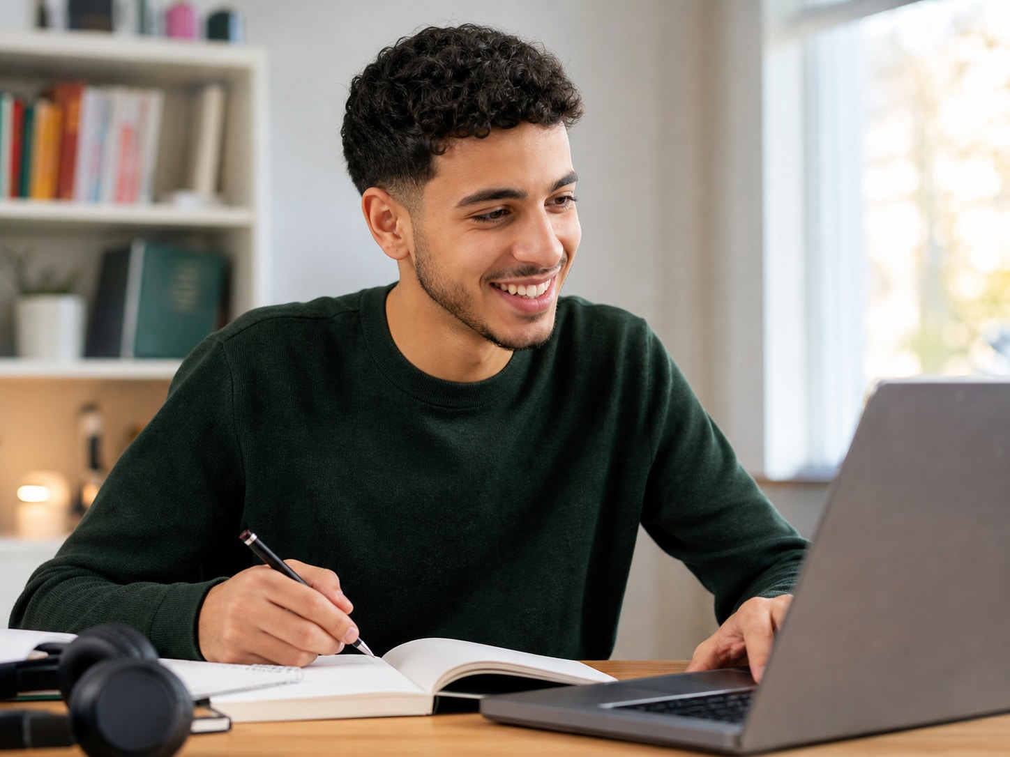 Un étudiant satisfait progresse avec son ordinateur et ses notes de travail.