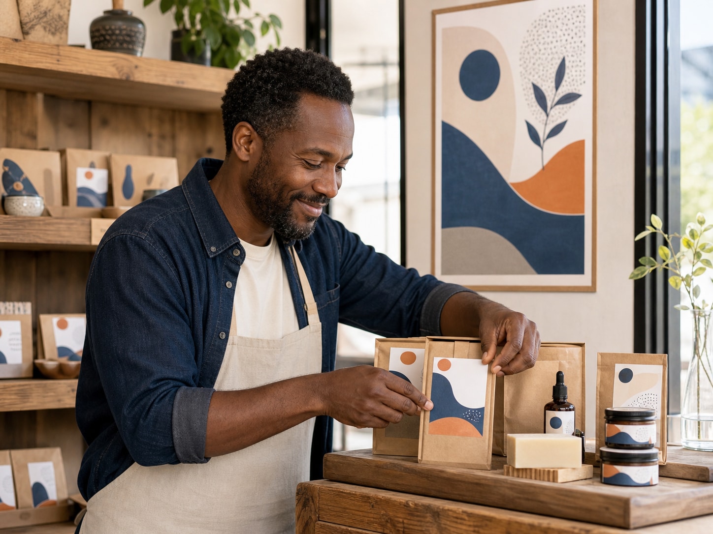 Un commerçant installe avec fierté les nouvelles étiquettes de ses produits.