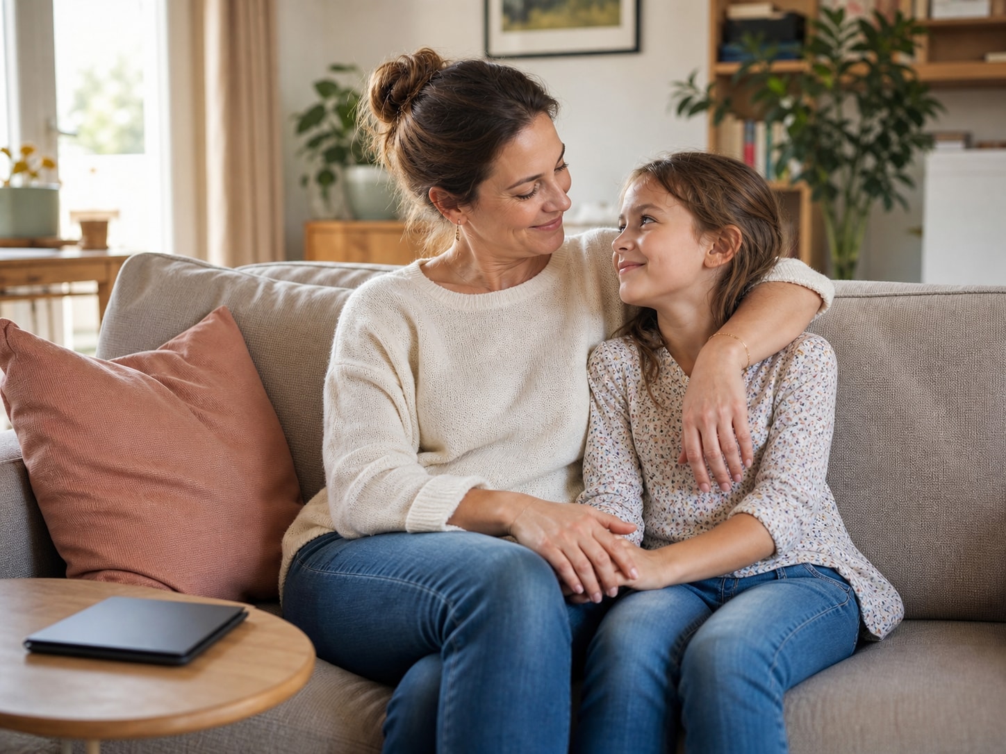 Une mère entoure sa jeune fille de son bras pendant un échange calme et complice.