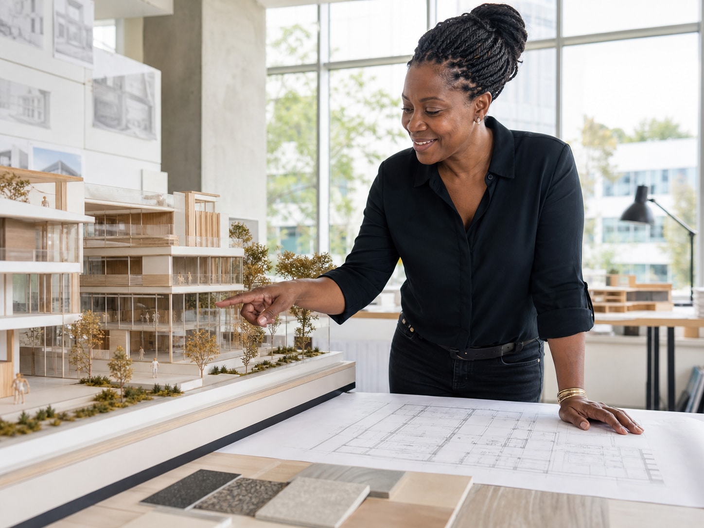 Une architecte analyse avec précision une maquette, un plan et des échantillons de matériaux.